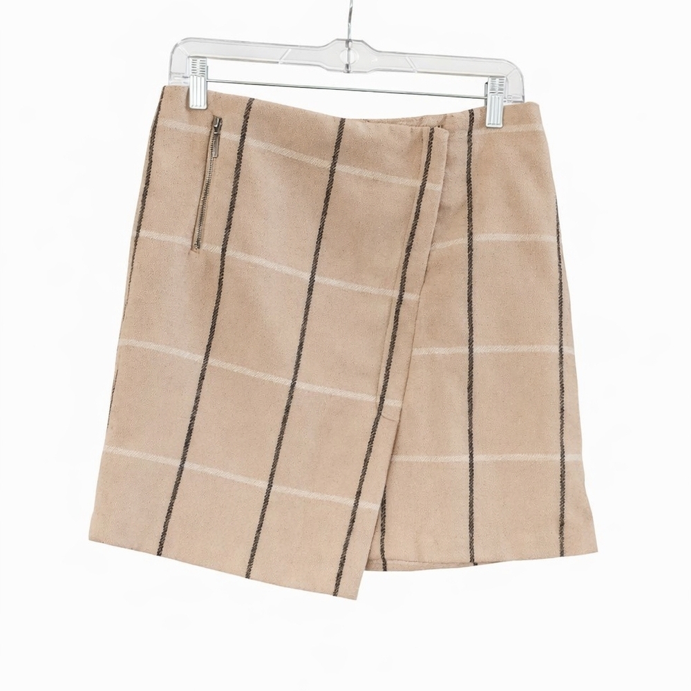 Kenar Wool Blend Plaid Wrap Mini Skirt Tan Preppy Office Size 4